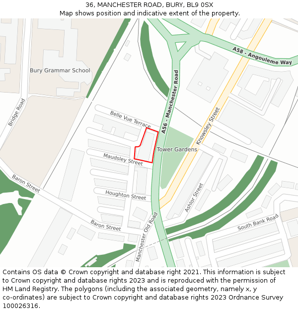 36, MANCHESTER ROAD, BURY, BL9 0SX: Location map and indicative extent of plot