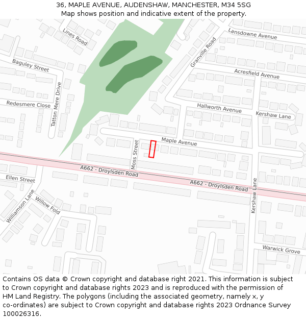 36, MAPLE AVENUE, AUDENSHAW, MANCHESTER, M34 5SG: Location map and indicative extent of plot
