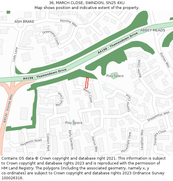 36, MARCH CLOSE, SWINDON, SN25 4XU: Location map and indicative extent of plot