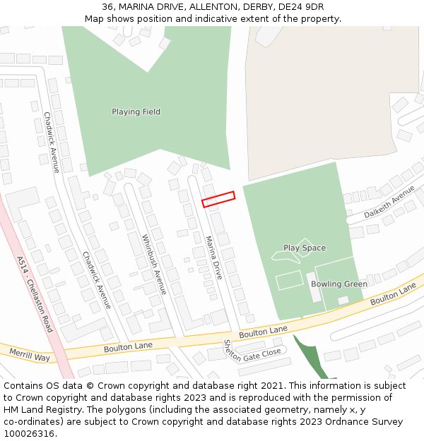 36, MARINA DRIVE, ALLENTON, DERBY, DE24 9DR: Location map and indicative extent of plot