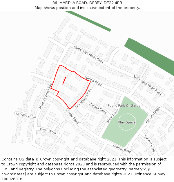36, MARTHA ROAD, DERBY, DE22 4PB: Location map and indicative extent of plot