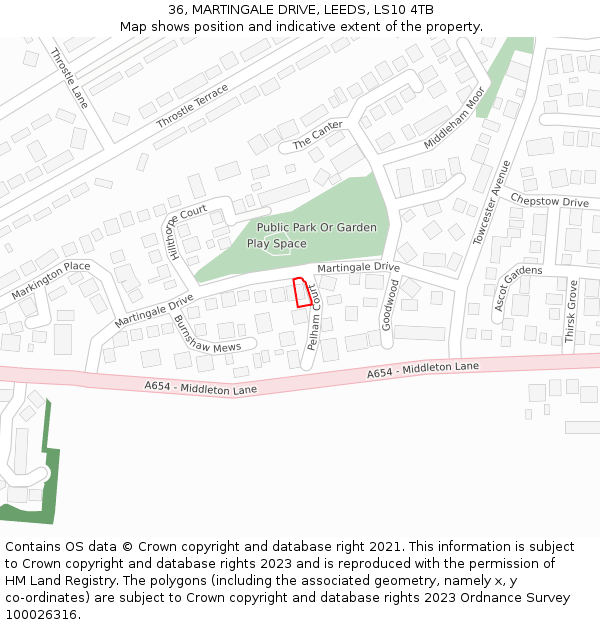 36, MARTINGALE DRIVE, LEEDS, LS10 4TB: Location map and indicative extent of plot