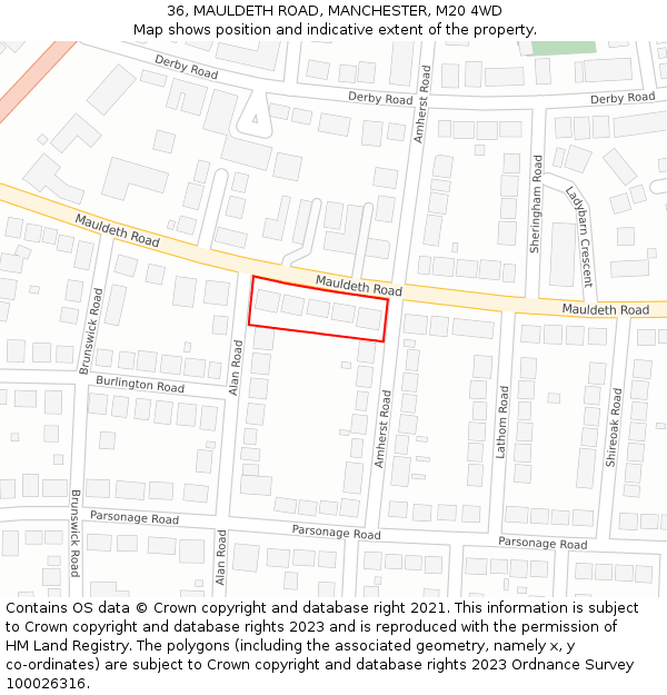 36, MAULDETH ROAD, MANCHESTER, M20 4WD: Location map and indicative extent of plot
