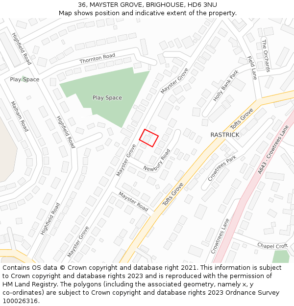 36, MAYSTER GROVE, BRIGHOUSE, HD6 3NU: Location map and indicative extent of plot