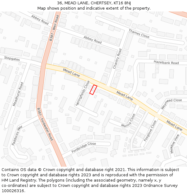 36, MEAD LANE, CHERTSEY, KT16 8NJ: Location map and indicative extent of plot