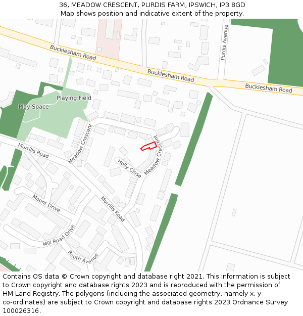 36, MEADOW CRESCENT, PURDIS FARM, IPSWICH, IP3 8GD: Location map and indicative extent of plot