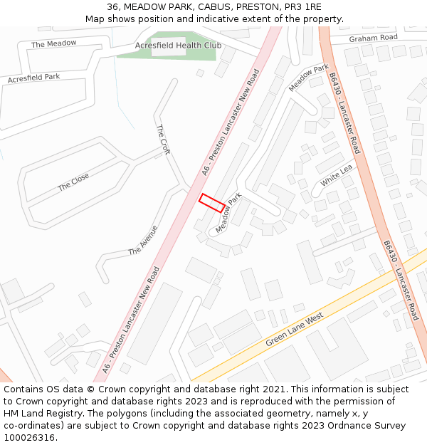 36, MEADOW PARK, CABUS, PRESTON, PR3 1RE: Location map and indicative extent of plot