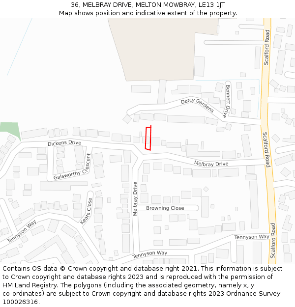 36, MELBRAY DRIVE, MELTON MOWBRAY, LE13 1JT: Location map and indicative extent of plot