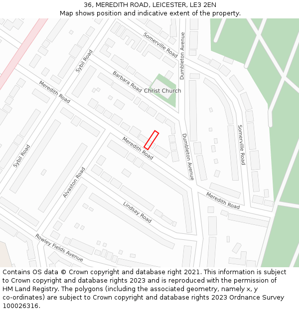 36, MEREDITH ROAD, LEICESTER, LE3 2EN: Location map and indicative extent of plot