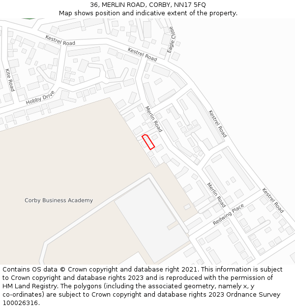 36, MERLIN ROAD, CORBY, NN17 5FQ: Location map and indicative extent of plot
