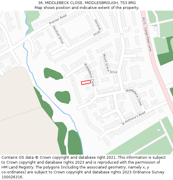 36, MIDDLEBECK CLOSE, MIDDLESBROUGH, TS3 8RG: Location map and indicative extent of plot