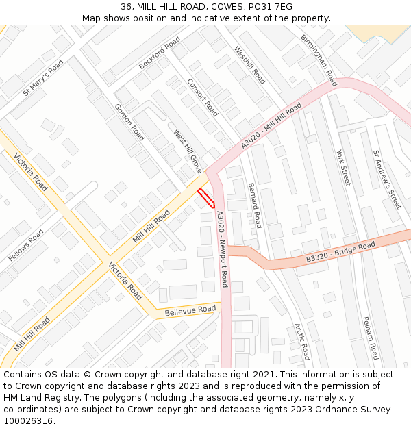 36, MILL HILL ROAD, COWES, PO31 7EG: Location map and indicative extent of plot