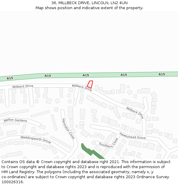 36, MILLBECK DRIVE, LINCOLN, LN2 4UN: Location map and indicative extent of plot