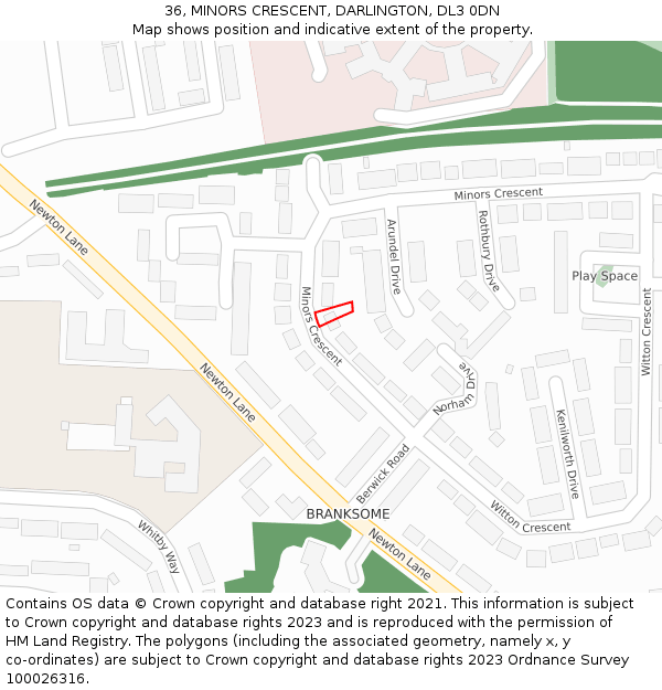 36, MINORS CRESCENT, DARLINGTON, DL3 0DN: Location map and indicative extent of plot