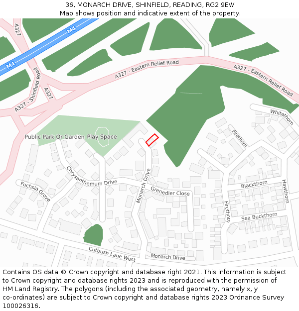 36, MONARCH DRIVE, SHINFIELD, READING, RG2 9EW: Location map and indicative extent of plot