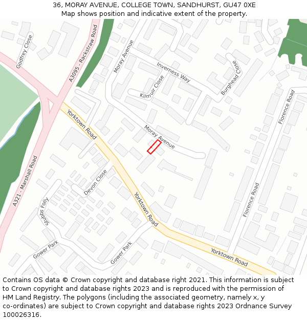 36, MORAY AVENUE, COLLEGE TOWN, SANDHURST, GU47 0XE: Location map and indicative extent of plot