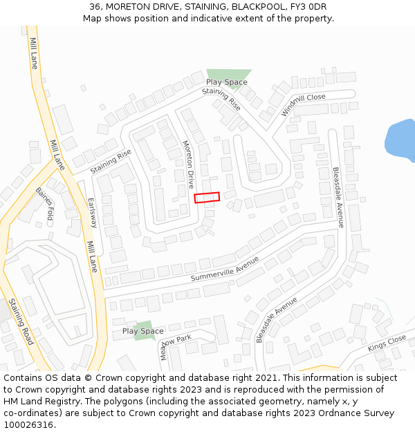 36, MORETON DRIVE, STAINING, BLACKPOOL, FY3 0DR: Location map and indicative extent of plot