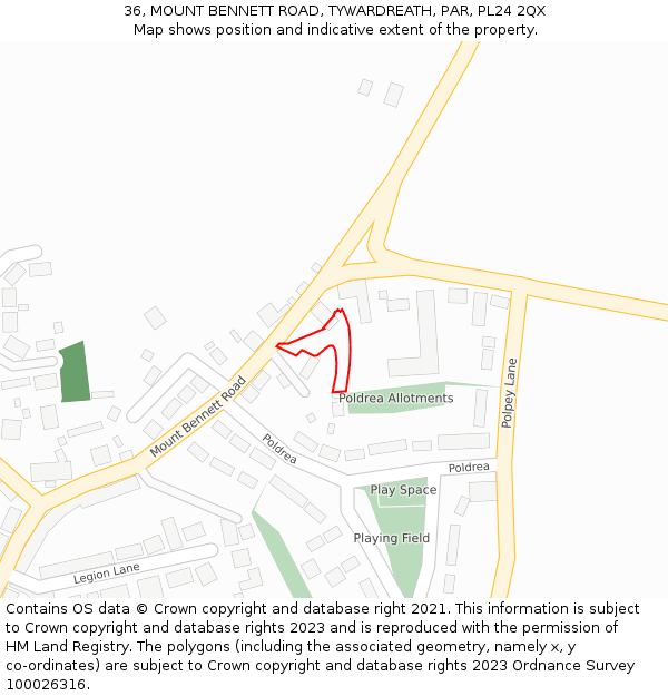 36, MOUNT BENNETT ROAD, TYWARDREATH, PAR, PL24 2QX: Location map and indicative extent of plot