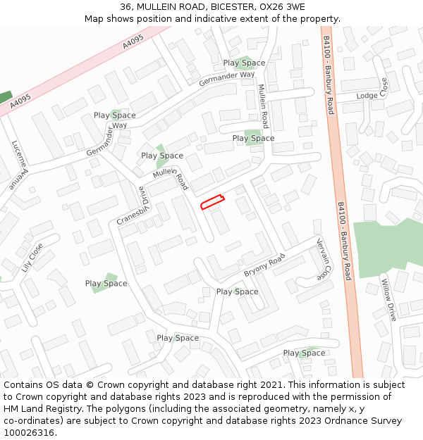 36, MULLEIN ROAD, BICESTER, OX26 3WE: Location map and indicative extent of plot
