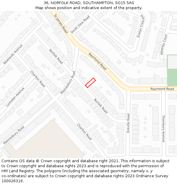 36, NORFOLK ROAD, SOUTHAMPTON, SO15 5AS: Location map and indicative extent of plot