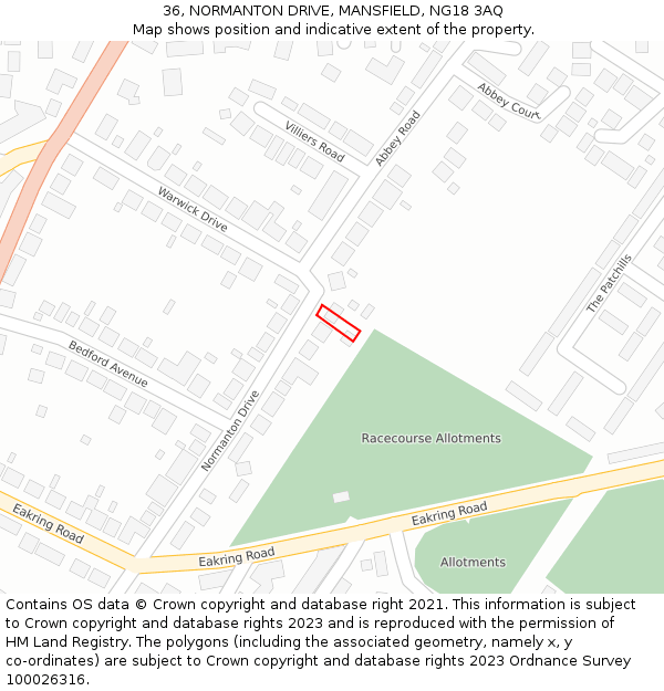 36, NORMANTON DRIVE, MANSFIELD, NG18 3AQ: Location map and indicative extent of plot