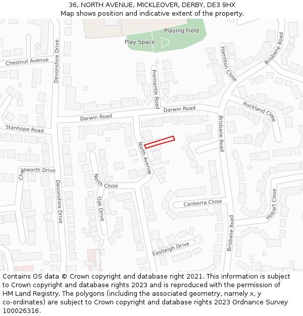 36, NORTH AVENUE, MICKLEOVER, DERBY, DE3 9HX: Location map and indicative extent of plot