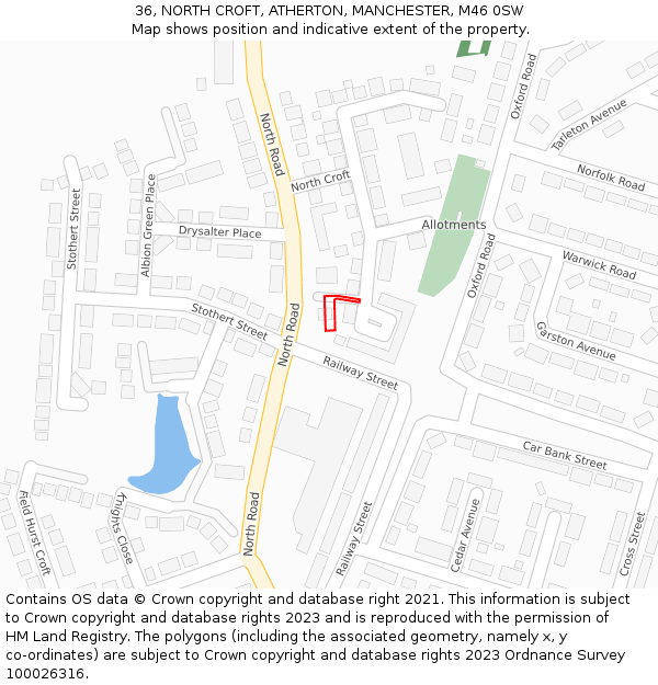36, NORTH CROFT, ATHERTON, MANCHESTER, M46 0SW: Location map and indicative extent of plot
