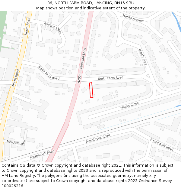 36, NORTH FARM ROAD, LANCING, BN15 9BU: Location map and indicative extent of plot