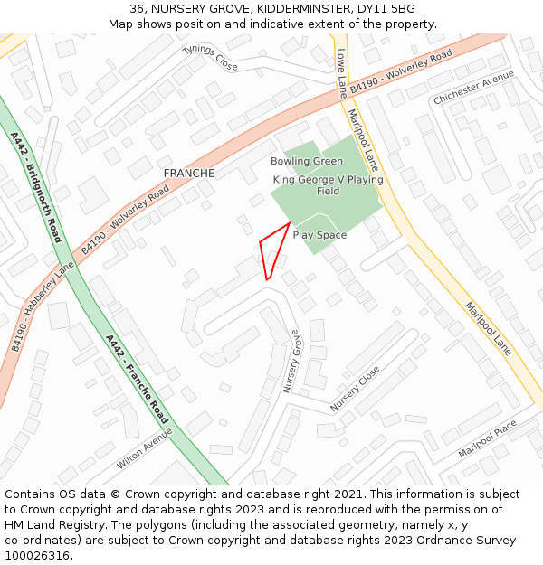 36, NURSERY GROVE, KIDDERMINSTER, DY11 5BG: Location map and indicative extent of plot