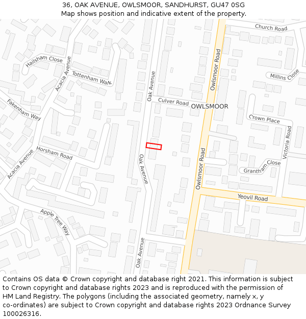 36, OAK AVENUE, OWLSMOOR, SANDHURST, GU47 0SG: Location map and indicative extent of plot