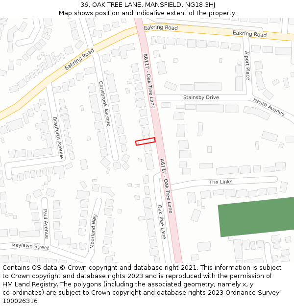 36, OAK TREE LANE, MANSFIELD, NG18 3HJ: Location map and indicative extent of plot