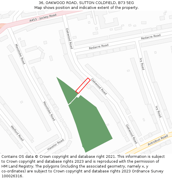 36, OAKWOOD ROAD, SUTTON COLDFIELD, B73 5EG: Location map and indicative extent of plot