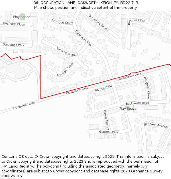 36, OCCUPATION LANE, OAKWORTH, KEIGHLEY, BD22 7LB: Location map and indicative extent of plot