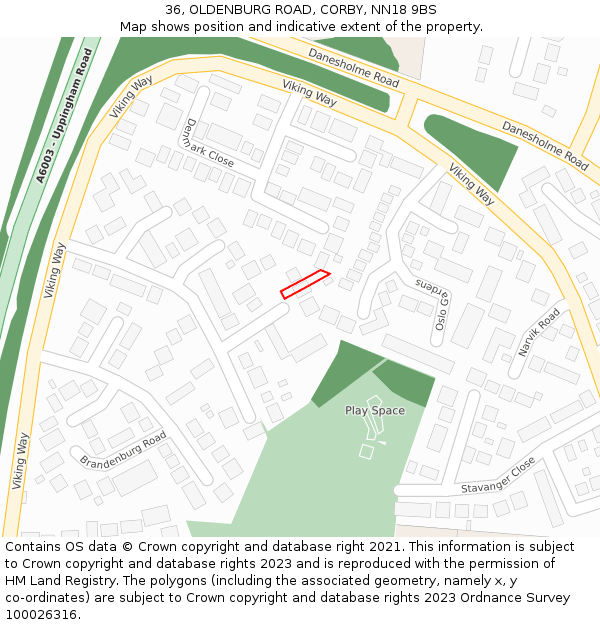 36, OLDENBURG ROAD, CORBY, NN18 9BS: Location map and indicative extent of plot