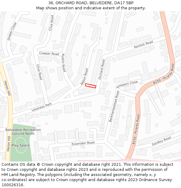 36, ORCHARD ROAD, BELVEDERE, DA17 5BP: Location map and indicative extent of plot