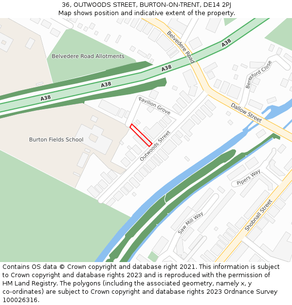 36, OUTWOODS STREET, BURTON-ON-TRENT, DE14 2PJ: Location map and indicative extent of plot