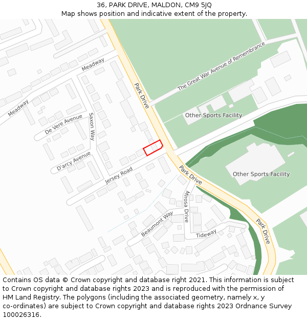 36, PARK DRIVE, MALDON, CM9 5JQ: Location map and indicative extent of plot