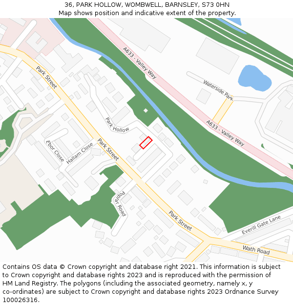 36, PARK HOLLOW, WOMBWELL, BARNSLEY, S73 0HN: Location map and indicative extent of plot