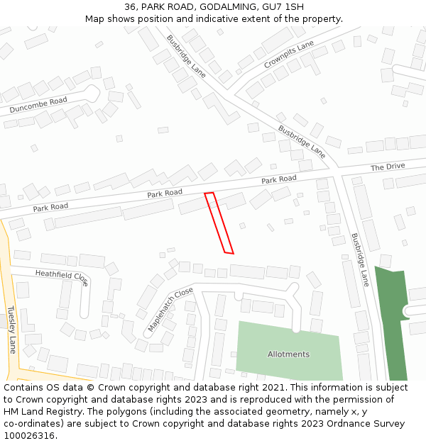 36, PARK ROAD, GODALMING, GU7 1SH: Location map and indicative extent of plot