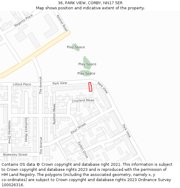 36, PARK VIEW, CORBY, NN17 5ER: Location map and indicative extent of plot