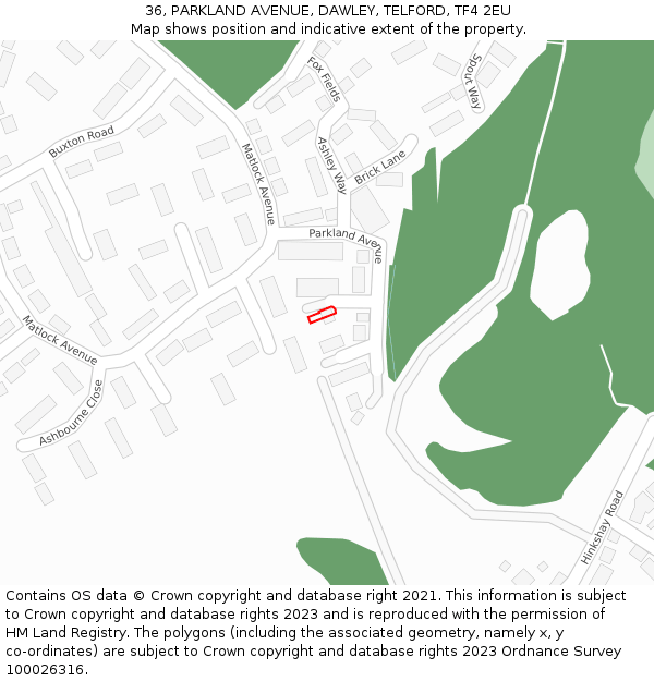 36, PARKLAND AVENUE, DAWLEY, TELFORD, TF4 2EU: Location map and indicative extent of plot