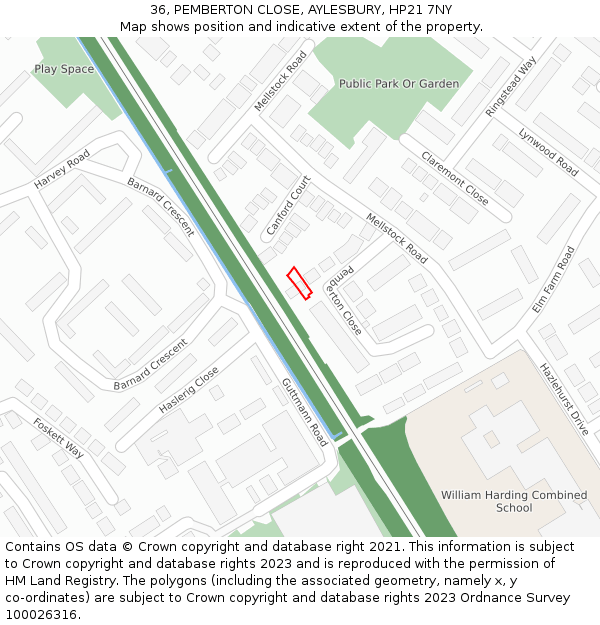 36, PEMBERTON CLOSE, AYLESBURY, HP21 7NY: Location map and indicative extent of plot
