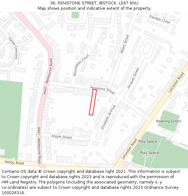 36, PENISTONE STREET, IBSTOCK, LE67 6NU: Location map and indicative extent of plot