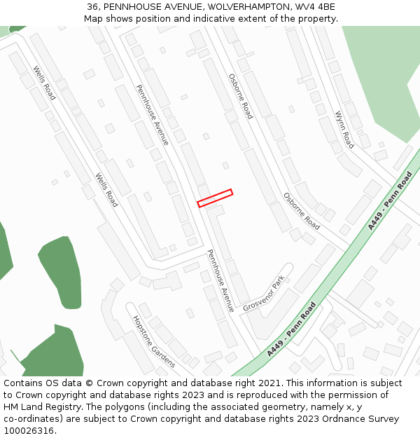 36, PENNHOUSE AVENUE, WOLVERHAMPTON, WV4 4BE: Location map and indicative extent of plot