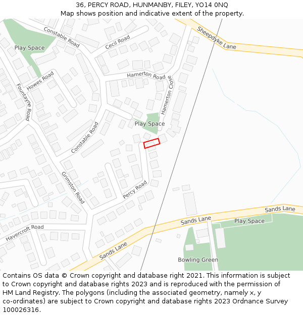 36, PERCY ROAD, HUNMANBY, FILEY, YO14 0NQ: Location map and indicative extent of plot