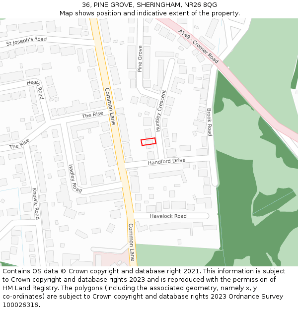36, PINE GROVE, SHERINGHAM, NR26 8QG: Location map and indicative extent of plot
