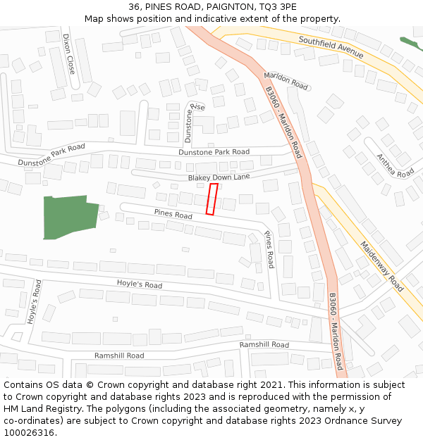 36, PINES ROAD, PAIGNTON, TQ3 3PE: Location map and indicative extent of plot