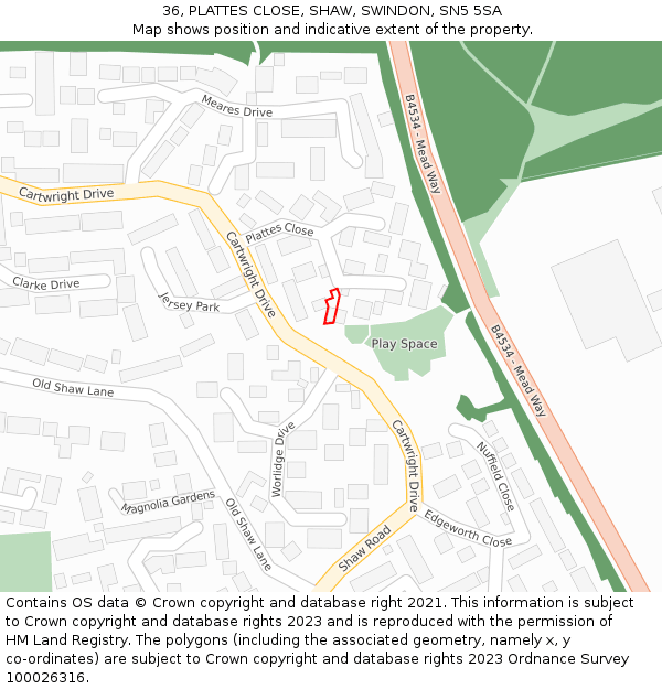 36, PLATTES CLOSE, SHAW, SWINDON, SN5 5SA: Location map and indicative extent of plot