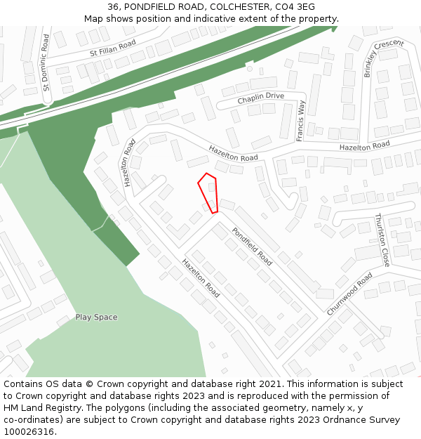 36, PONDFIELD ROAD, COLCHESTER, CO4 3EG: Location map and indicative extent of plot