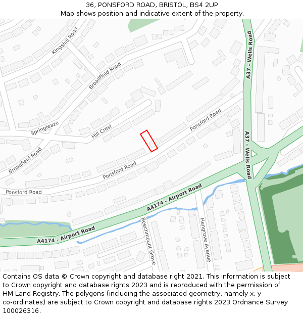 36, PONSFORD ROAD, BRISTOL, BS4 2UP: Location map and indicative extent of plot